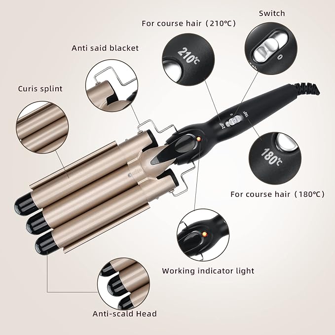 Hair Waver Curling Iron 3 Barrel Curling Iron Wand Hair Curler Waver Crimper Hair Styling Tool for or Short Hair Styling (US22mm)