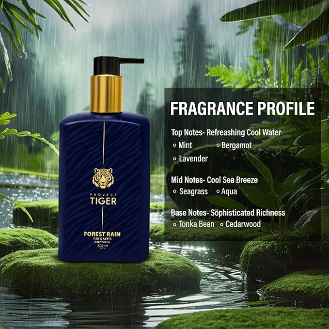 TIGER Forest Rain Body Wash For Men | 300Ml (10 Oz) | Oak &amp Moss Designer Fragrance | Salicylic Acid 1% Niacinamide 1% Hyaluronic Acid 2% | Sls &amp Paraben-Free | All Skin Types
