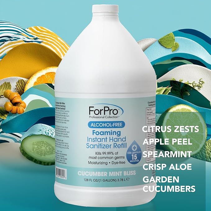 ForPro Alcohol-Free Foaming Instant Hand Sanitizer Moisturizing Dye-Free Formula Cucumber Mint Bliss Scent 1 Gallon Refill (Pack of 4)