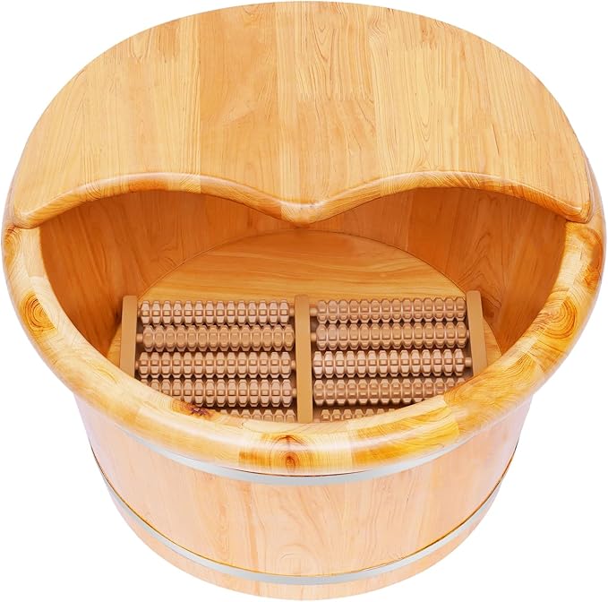Wooden Foot Bath Bucket with Massager &amp lid Thickened Wood Foot Tub Spa Soaking Tub for Relaxation Wooden Foots Basin Set for Comfort Home Spa Experience