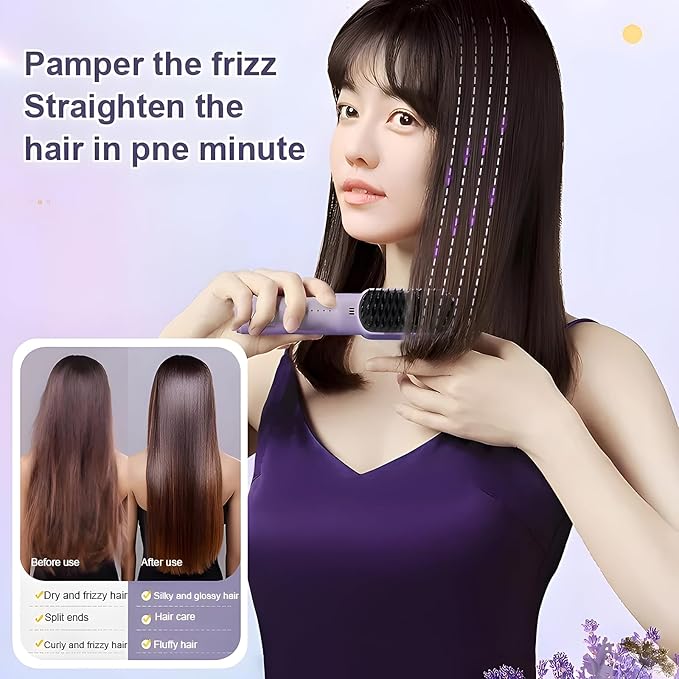 Portable Cordless Mini Hair Straightening Comb 2024 Hair Straightener Brush Frizz-Free Styling with Negative Ions USB Rechargeable Travel Hair Hot Comb for All Hair Types (2PCS-2600mAh Battery)