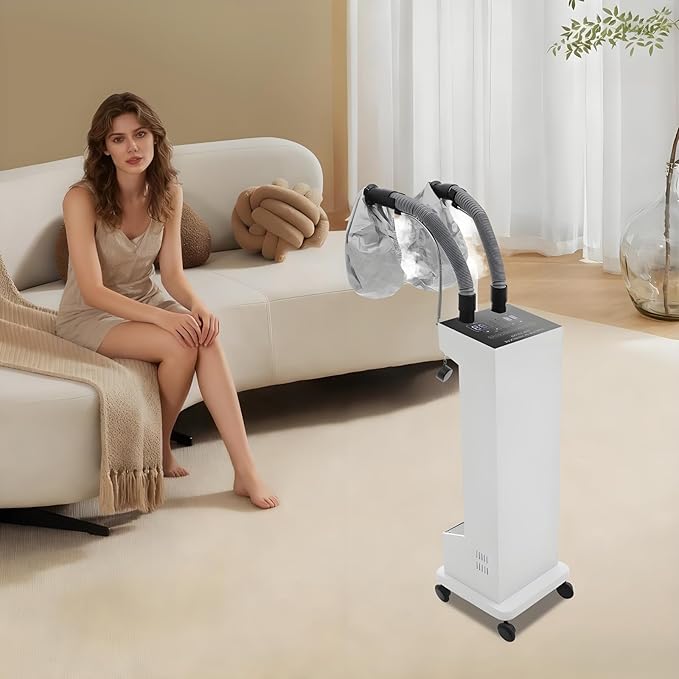 Hair Steamer Nano Hair Steamer Dual Tube - Professional Hooded Hair Dryer for Salon &amp Home Use Hair Care Steam Conditioning Suitable for All Hair Types (White)