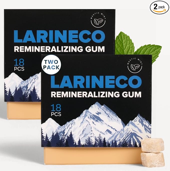 Larineco Remineralizing Gum with Nano Hydroxyapatite &amp Xylitol – Sugar-Free Xylitol Gum – Plastic-Free Dye-Free Aspartame-Free – Natural Base – 36 Pieces Mastic Mint