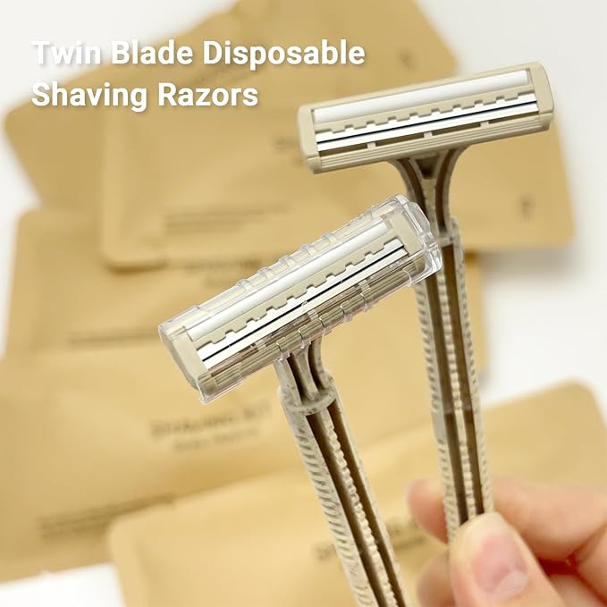 Disposable Shave Kit for Men &ampWomen - 100 Pcs Wheat Straw Razors and Cream Bulk Individually Wrapped Portable Toiletries Amenities for Hotel Airbnb Homeless Shelter Charity Camping and Trave