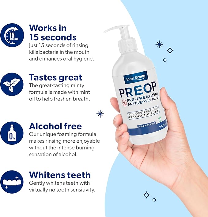 EverSmile PreOp Foaming Rinse – Deep Clean Mouthwash with Hydrogen Peroxide – Alcohol Free Rinse to Mouth Wash Daily &amp Before Treatment – Helps Heal Canker Sores – 100 Uses Per 16oz Bottle (4 Pack
