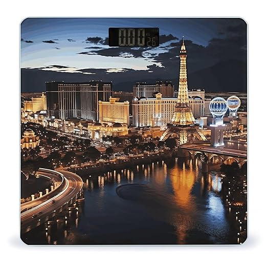 Las Vegas Night View Scale for Body Weight High Precision Digital Weight Scales with LCD Display Anti-Slip Sturdy Slim Tempered Glass Bathroom Scale for Home Use