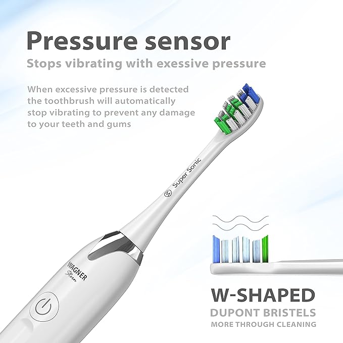 Wagner Stern Ultrasonic whitening Toothbrush with Pressure Sensor. 5 Brushing Modes and 4 Levels of Intensity 8 Soft bristles Travel case.