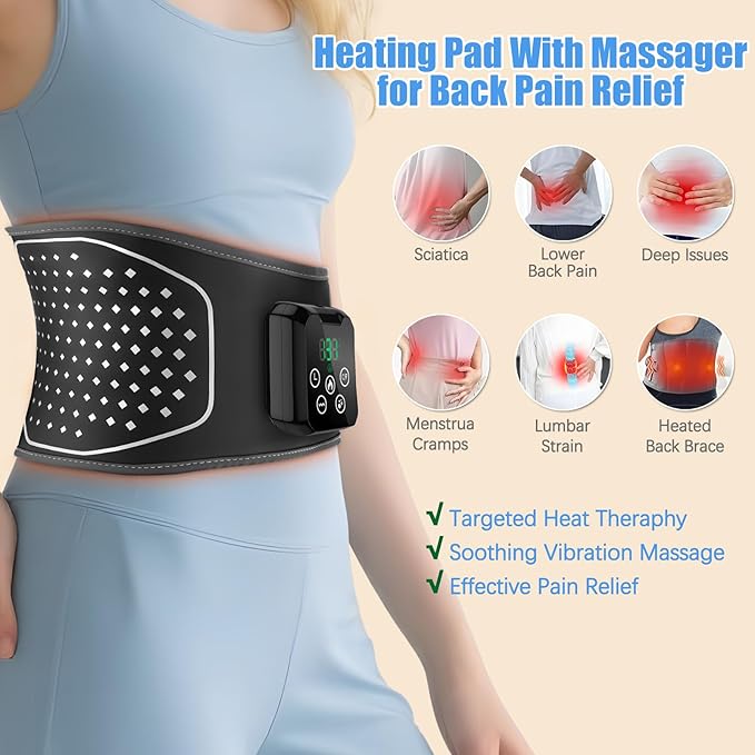 Cordless Hating Pad with Massager Heating Pad for Back Pain Relief Vibration Massage Heated Waist Belt Support Portable Low Back Massager with 5 Heating Levels Gifts for Women Men (Black-air)