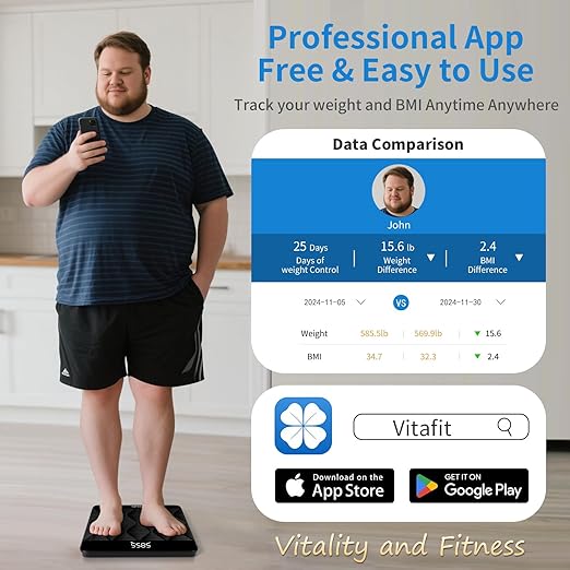 Vitafit Amazing 660lb Smart Bathroom Scale for Body Weight in 0.1lb High Accuracy Assured by Scale Professional Factory Since 2001 Large Platform with 8mm Non-Slip Tempered Glass LED 3*AAA Black
