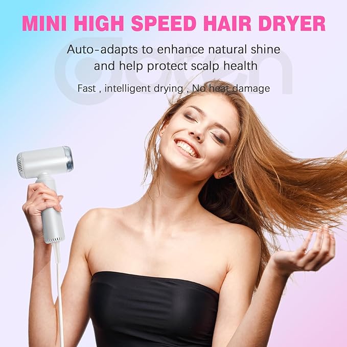 Mini Hair Dryer High-Speed Blow Dryer with 110000RPM Brushless Motor Magnetic Diffuser Negative Ionic Technology for Fast Drying Compact &amp Lightweight for Home &amp Travel (White)
