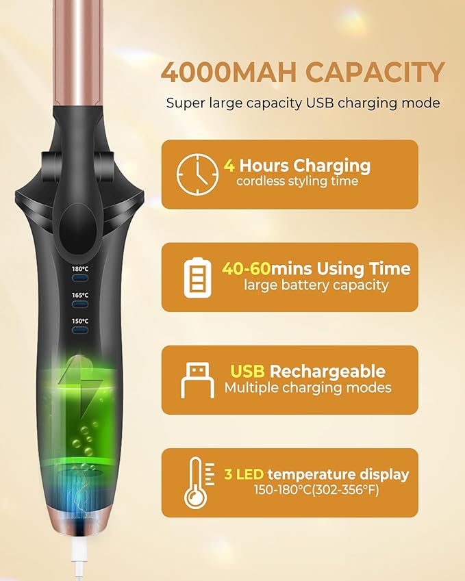 Cordless Curling Iron RechargeableUSB Rechargeable 4000 mAh Cordless Hair Curler3 Temp Setting Mini Travel Battery Powered Curling Iron2 in 1 Portable Hair Straightener and Curler