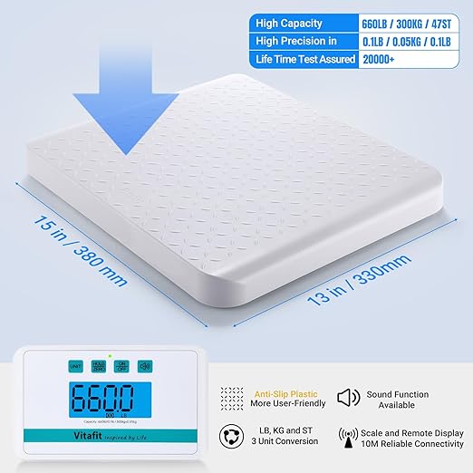 Vitafit Medical Grade Floor Scale 660lb Accuracy 0.1lb by Our Professional Factory Since 2001 Smart Scale for Body Weight 15 x 13 Non Slip Platform Hospital Physician &amp Workshop Use White