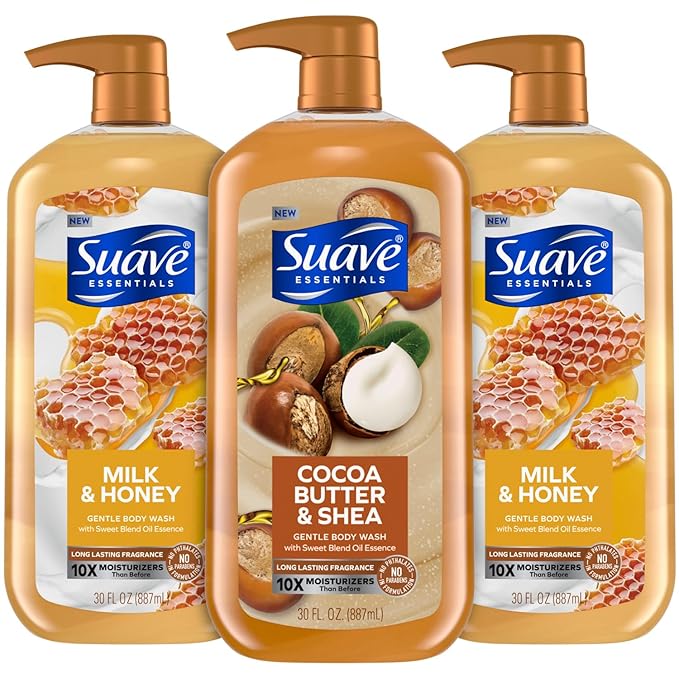 Suave Body Wash Variety Bundle – Milk &amp Honey 2-Pack &amp Cocoa Butter Shea Gentle &amp Moisturizing Body Washes with Vitamin E 30 Oz Ea (3 Piece Set)