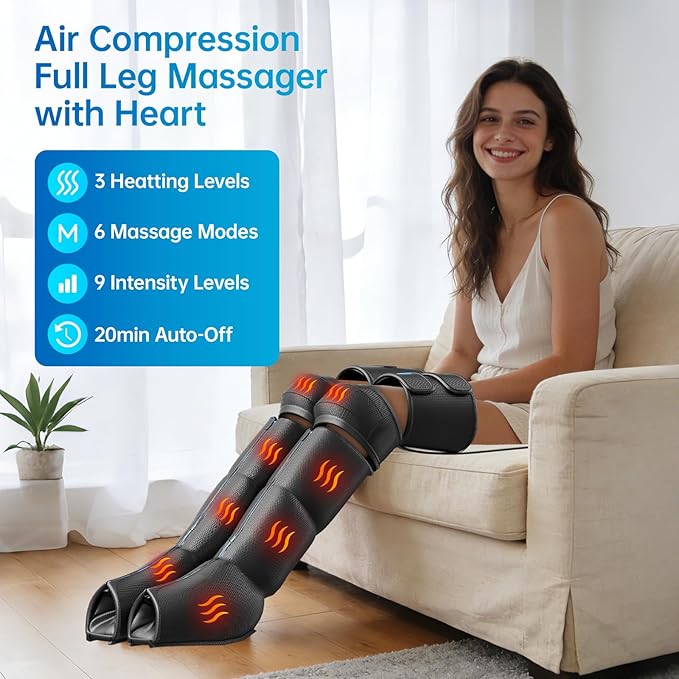 Leg Massager with Heat and Air Compression Foot and Calf Massager for Circulation and Pain Relief Sequential Compression Boots with 6 Modes 9 Intensity 3 Heat - Gifts for Mom Dad Woman