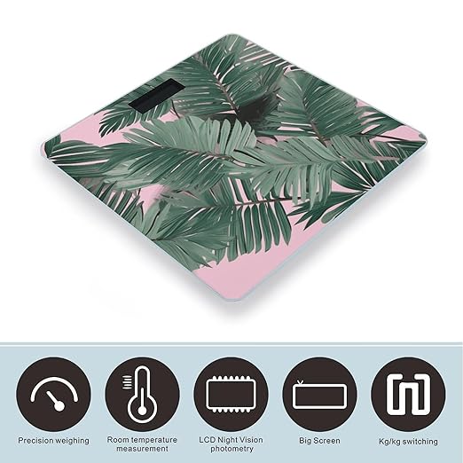 Green Palm Tree Leaves Pink Digital Bathroom Scale Fashion Unique Weight Scale BMI Anti-Slip Precision Weighing Scales Suitable for Home Bedrooms Use and Gift