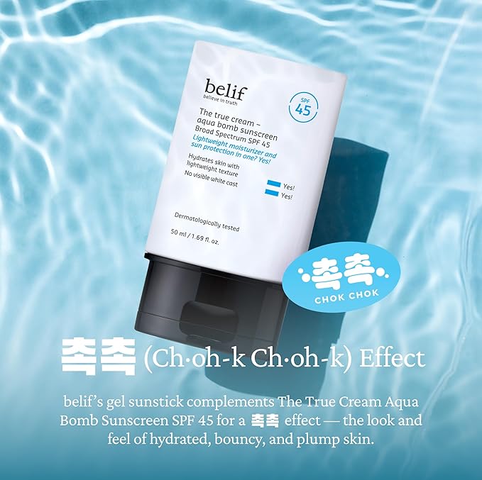 belif Aqua Bomb SPF 45 Hydrating Niacinamide Sunscreen (1.69 fl. oz) - The True Cream PA++++ Daily Broad Spectrum No White Cast Weightless &amp Invisible Non-Greasy Korean Skincare | Hydrating