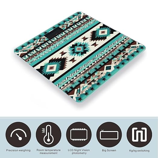 Women's Fashion Automatic Switch Digital Bathroom Weighing Scale Smart Scale Teal Turquoise Tribal Navajo Aztec Geometric Ethnic Pattern