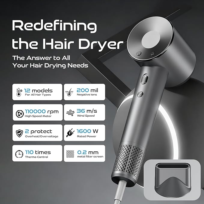 ELOVA High-Speed Hair Dryer 110000 RPM Brushless Motor for Fast Drying Gunmetal Gray Ionic Blow Dryer with Constant Thermo-Control Professional Quiet Hairdryer with Magnetic Nozzle for Home