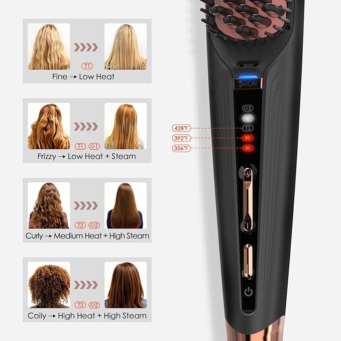 Hair Straightener Brush with Steam Care 3-in-1 Ionic Straightening Comb Black