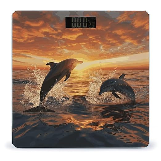 Dolphins Jumping Out of The Water at Sunset Bathroom Scale for Body Weight Bathroom Weighing Scale with Backlit LCD Display Highly Accurate Measures Weight Up to 180kg