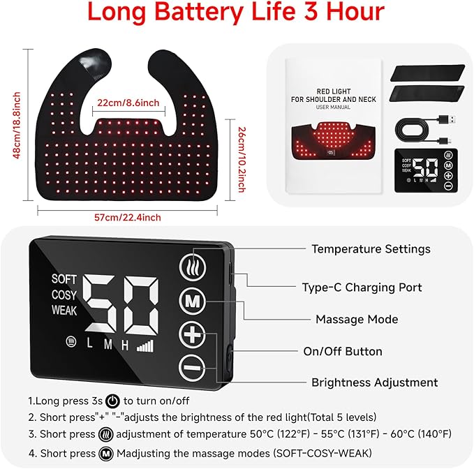 Red Light Therapy for Neck ShoulderRechargeable Infrared Light Therapy Device for Body with Massage and TimerWearable 660nm&amp850nm Red Light Therapy Wrap Pads for Body at Home（150 Lights）