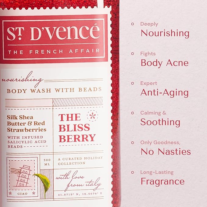 St. D’vence Bliss Berry Salicylic Acid Body Wash Shower Gel for Women &amp Men with Strawberry &amp Raw Shea Butter | Body Wash for Summer | Tan Removal Paraben &amp SLS Free - 300 ml