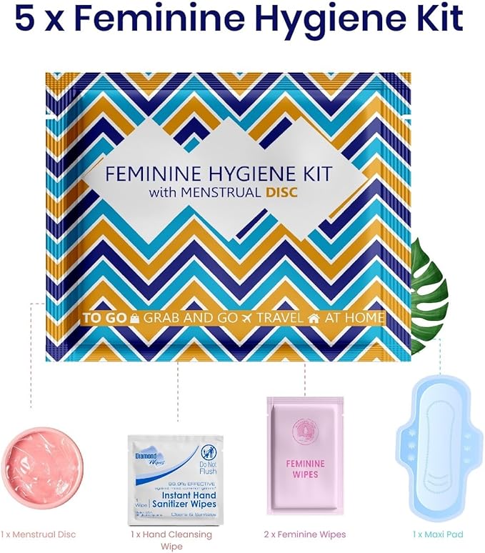 Menstrual Disc Kit with Pad - 5 Pack | Convenience on The Go | Period Kit Pack for Travelling Out of The House | Covers All Flows | Individually Wrapped Feminine Hygiene Care Products