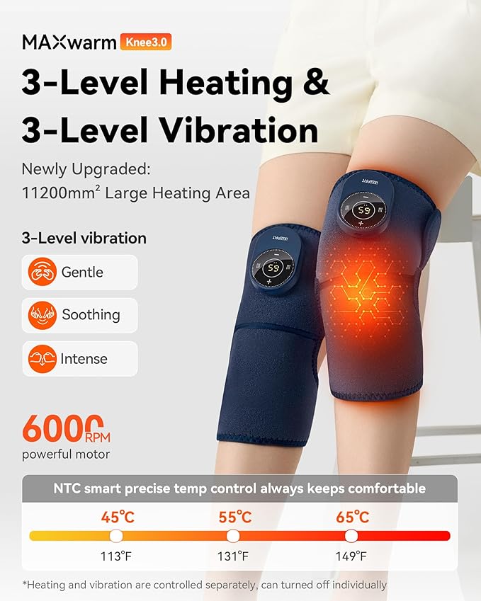 Cordless Knee Massager with Heat Vibration for Pain Relief MAXwarm 3.0[2026 Upgraded]-Electric Heated Knee Brace with 3 Heat Levels and 3 Massage Mode for Men Women(Blue 2-Pack)