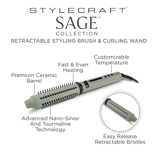 StyleCraft Sage Hair Styling Bundle - Lightweight Professional Hair Dryer Vibrating Flat Iron 2-in-1 Curling Wand &amp Styling Brush Triple Barrel Deep Waver - Tourmaline &amp Titanium Tools Holi