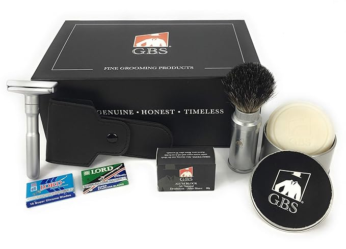 G.B.S Men's Futur Adjustable DE Safety Razor with Badger Brush Chrome Brush and Alum block leather case Ocean Driftwood Shave Soap + Tin w/Lid and blades!