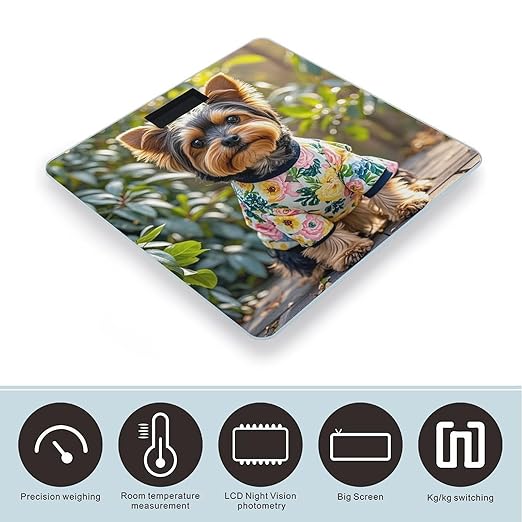 Yorkie Floral Bathroom Scale for Body Weight with High Precision Large LCD Backlight Display Digital Weighing Scale with BMI Capacity Up to 180kg