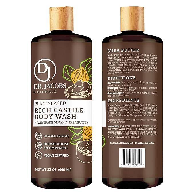 Dr. Jacobs Naturals Castile Shea Butter All-Natural Body Wash for Moisturizing Dry and Sensitive Skin with Plant-Based Ingredients with Pump - 32 Ounce