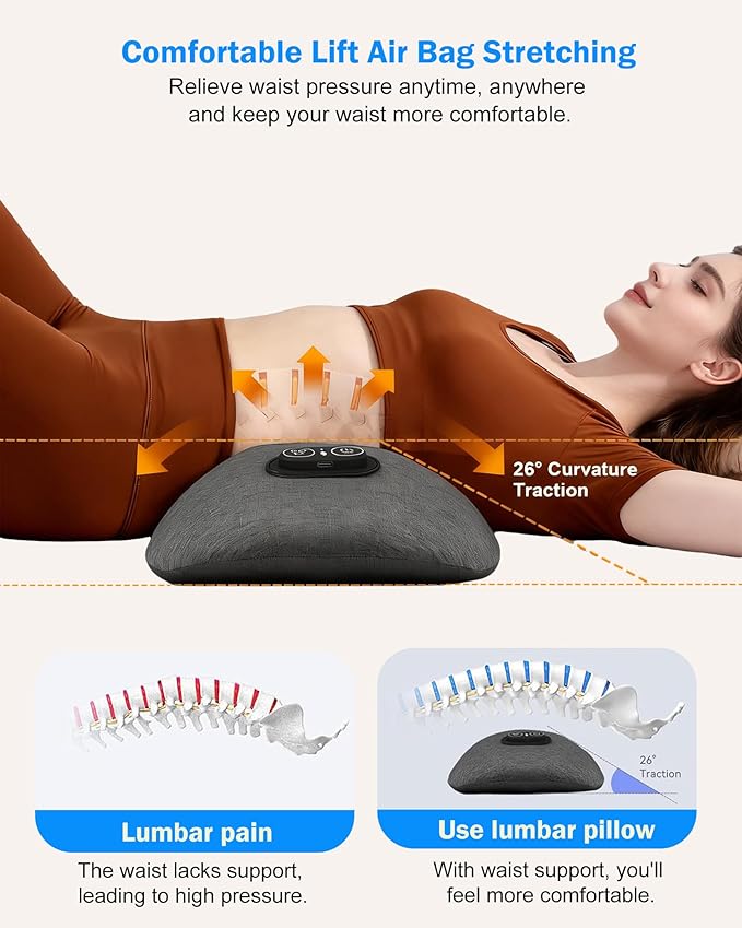 Smooth Triple Fusion Back MassagerElectric Lumbar Support Pillow with Heat &ampVibrationAir Lift Technology Ergonomic Memory Foam Spine Back Massager for Lower Back Tension Relief
