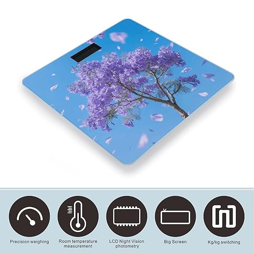 Jacaranda Flower Scale for Body Weight Sturdy Tempered Glass Weighing Scales with LCD Display Accurate Digital Bathroom Scale Convenient Body Fat Smart Scales Easy Read