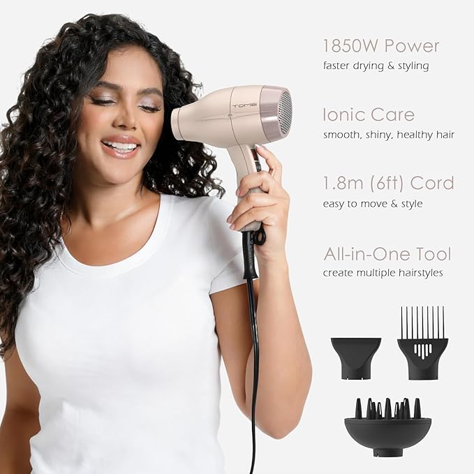 TOME Hair Dryer with Diffuser 1875W Ionic Blow Dryer with Comb Attachment and Concentrator for Home Use Fast Drying with Cool Shot and 2 Heat &amp 2 Speed Settings 125V Pink