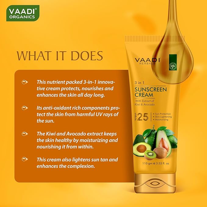 Natural Sunscreen Cream SPF-25 with Extracts of Kiwi &amp Avocado (110 gms) | Protects and Nourishes your skin. For All Skin Type