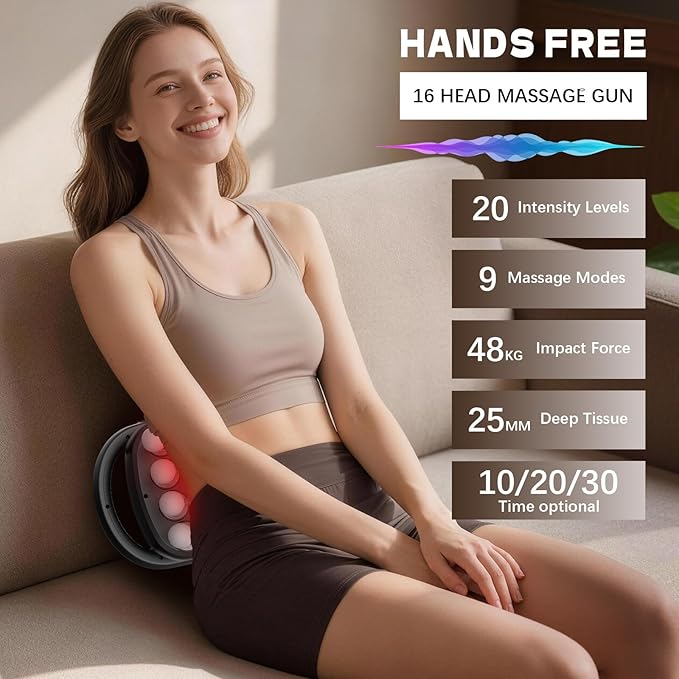 16 Head Massage Gun Back Massager for Pain Relief Massage Gun Deep Tissue Time Adjustable Percussion Massager with 9 Modes 20 Intensities for Body Shoulder Neck Legs Foot Gifts for Men/Women