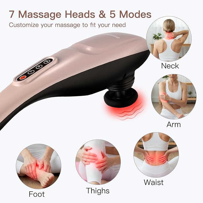 MEGAWISE Cordless Handheld Back Massager w/Rechargeable 3200mAh Battery 5 Speed and 5 +2 Massage Nodes with Hard Medium and 2 Soft Silicone Nodes Massage While Moving Around (Rose Gold)