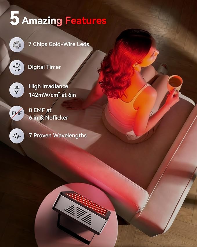 Red Light Therapy for Body Face 3+4 Chips 7 Wavements 460nm-880nm Red Light Panel with 4 Modes Dimmable &amp Timer Blue Lights Infrared Light Therapy for Home Office Gym Elite 60 LEDs