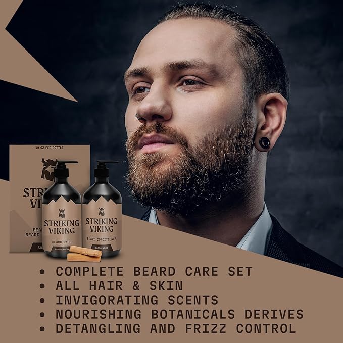 Striking Viking Beard Care Set (Sandalwood) - Paraben &amp Sulfate Free Shampoo with Jojoba Oil - Deep Clean for All Beard Types (10oz Per Bottle)
