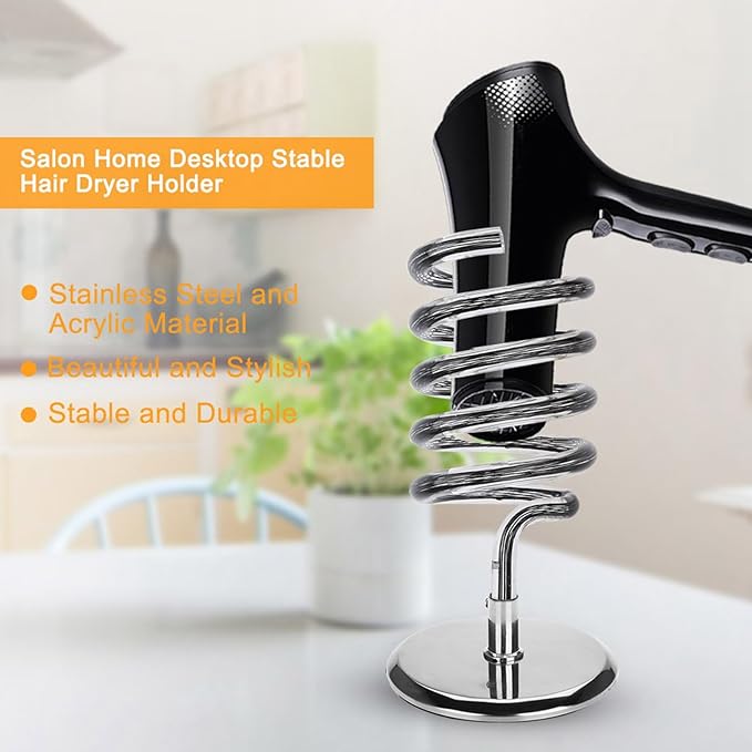 Table Hair Dryer Holder Spiral Blow Hair Dryer Holder with 304 Stainless Steel Base Stand Acrylic Hair Dryer Holder for Salon Home Desktop Mount