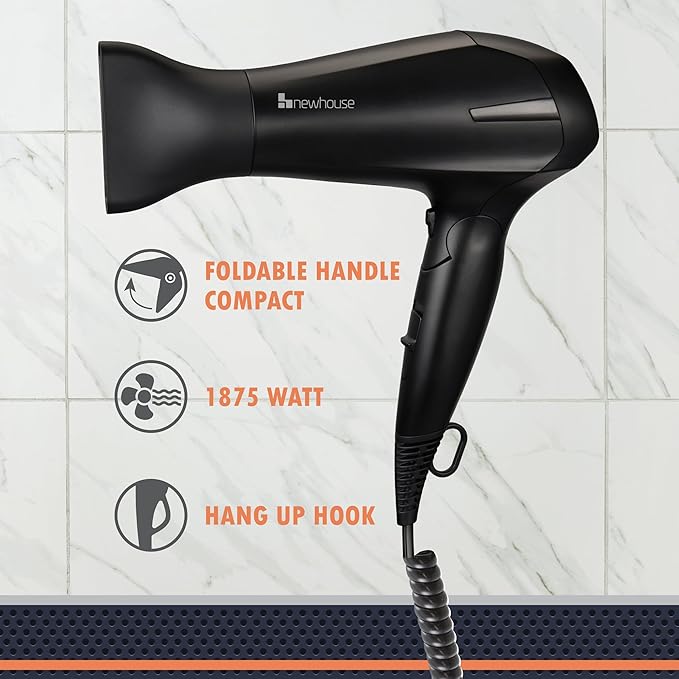 Newhouse 125V 1875-Watt Foldable Hair Dryer with Spiral Cord NHHD-001-FS Compact Foldable Hair Blow Dryer Low-Noise Ionic Hair Dryer ETL Certified for Hospitality and Residential Use