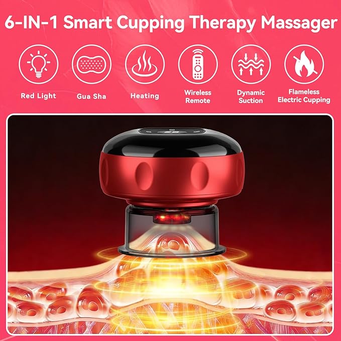 6-in-1 Cupping Set Remote Control Smart Electric Cupping Therapy Massager with Red Light and Heat Portable Suction Cupping Device for Pain Relief Perfect Festival Gifts for Husband&ampMen