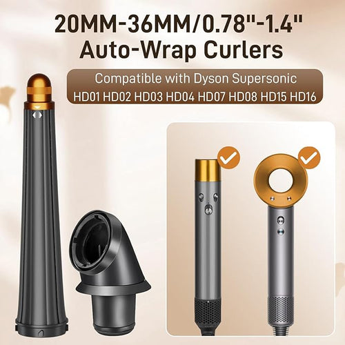 0.78-1.4in/20-36mm Long Curling Barrel for Dyson Airwrap Attachment for Dyson Supersonic Hair Dryer HD01 HD02 HD03 HD04 HD07 HD08 HD15 HD16 2 In 1 Automatic Hair Curling Barrel with Adapter Gold