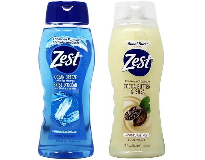 Zest Creamy Indulgence Cocoa Butter &amp Shea Moisturizing Body Wash 18 fl oz + Ocean Breeze Refreshing Body Wash 18 fl oz