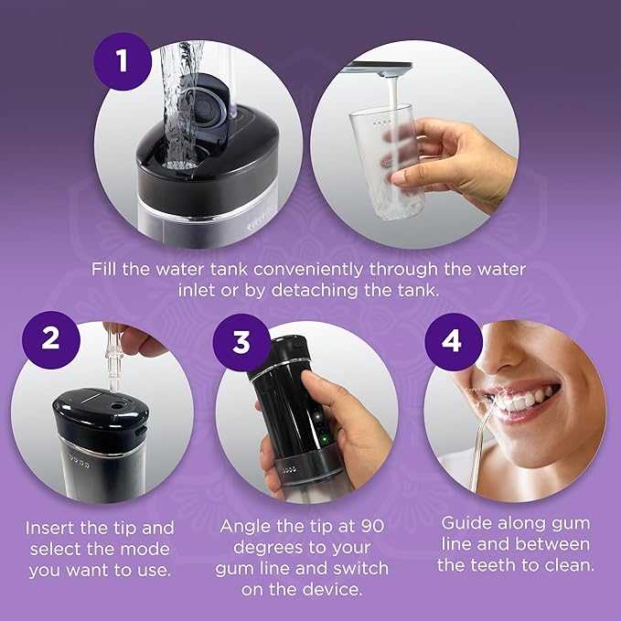 GuruNanda On-The-Move Smile Kit – 6-in-1 Ready-to-Go Toothbrushes (21ct) &amp Compact TSA-Friendly Water Flosser (Black) with Collapsible Tank for Easy Oral Care