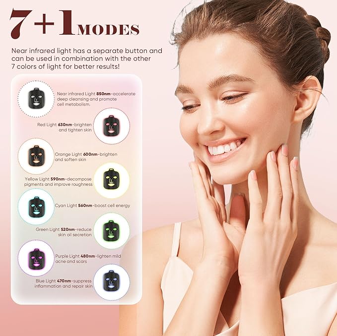 Red Light Therapy for Face 8 Modes Portable Led Face Mask Light Therapy with Remote Near-Infrared 850nm Wavelength with Timing Function for Anti-Aging Skincare at Home Travel