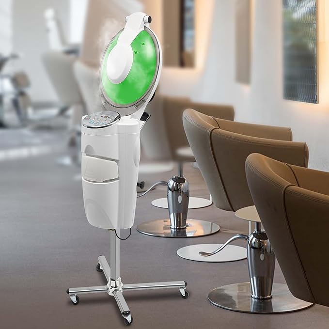 Professional Standing Hair Steamer for Salon &amp Home 700W Ozone Steam Therapy with Light Scalp Care Adjustable Height Hooded Dryer with 12 Light Auto Shut-Off (White)