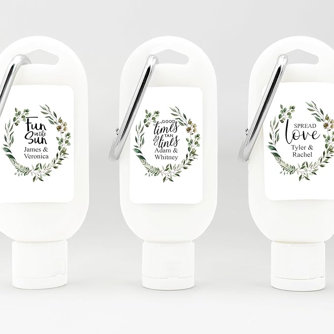 Personalized Sunscreen with Carabiner SPF 30 Custom Sunscreen for Wedding Favors Garden Wedding Botanical Wedding Bridal Shower Favors Bachelorette Gift (Set of 12)