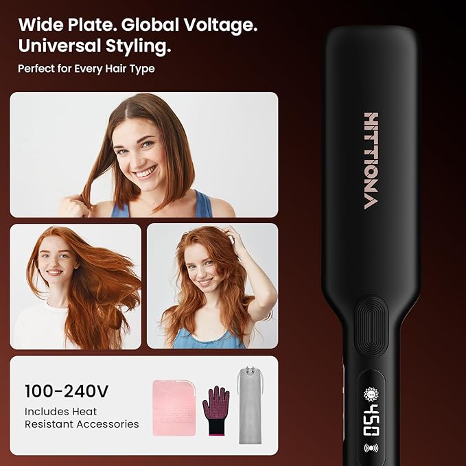 HITTIONA Flat Iron Hair Straightener – 1.75” Ceramic Infrared Ionic Flat Iron with 5s Fast Heat-Up Vibration Technology LCD Temp Control Dual Voltage Anti-Frizz Styling for All Hair Types